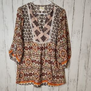 Boho Floral Patchwork Peasant Top - Cream, Brown & Orange